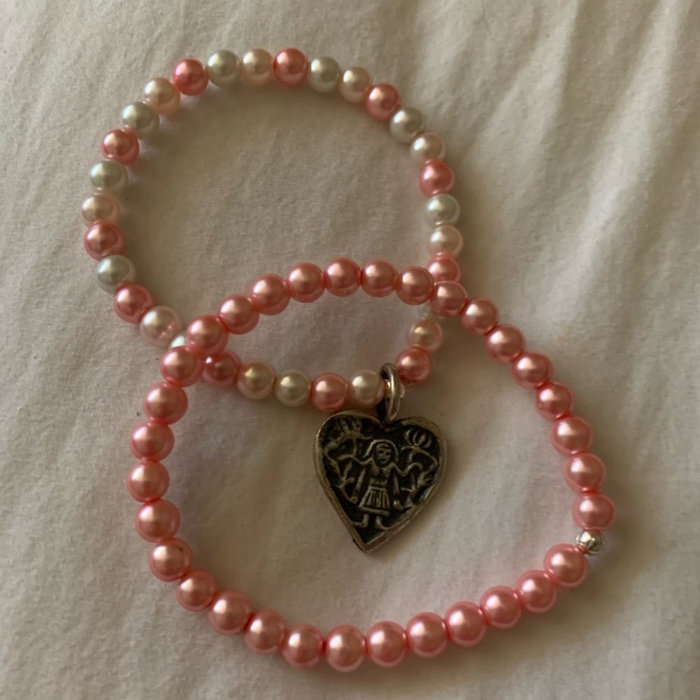 Pink & White Pearl Bracelets with Heart Charm